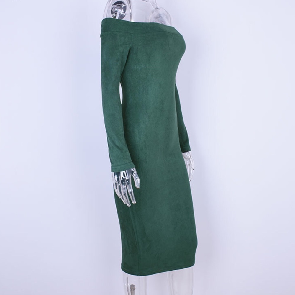 1 Left! Hunter Green Suede Off Shoulder Midi Dress - Picture 4 of 8